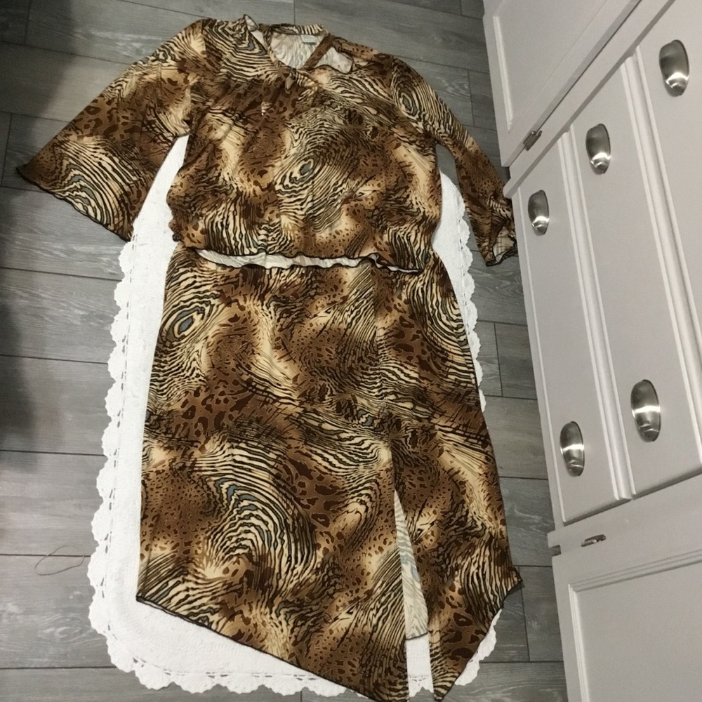💜SALE💜Zebra Cheetah Animal Print Asymmetrical 2 Pc Tie Neck Top and Skirt Set